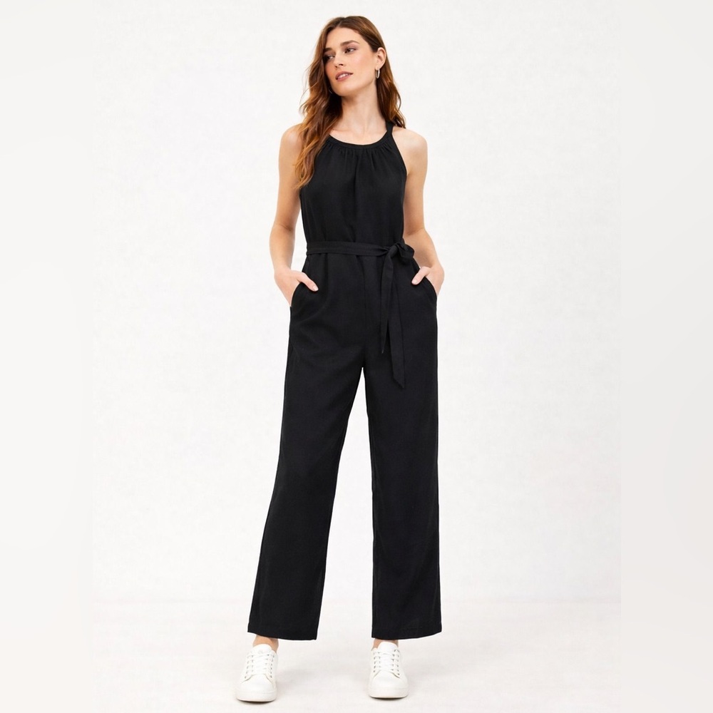 LOFT Sleeveless halter belted wide leg Jumpsuit linen blend black S